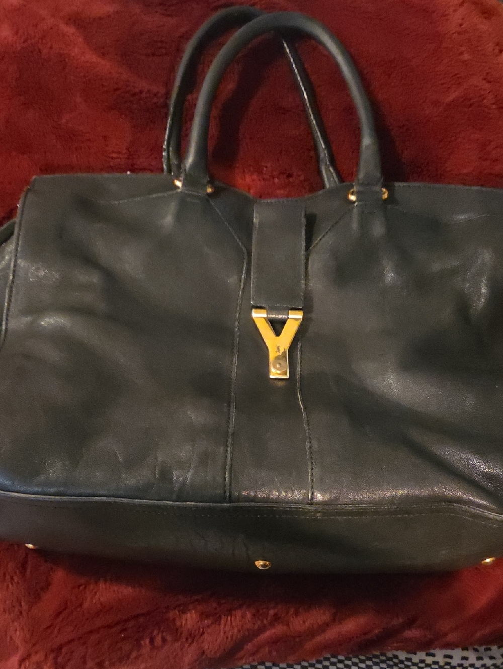 Classic Black Leather Tote with Gold Y-Hardware